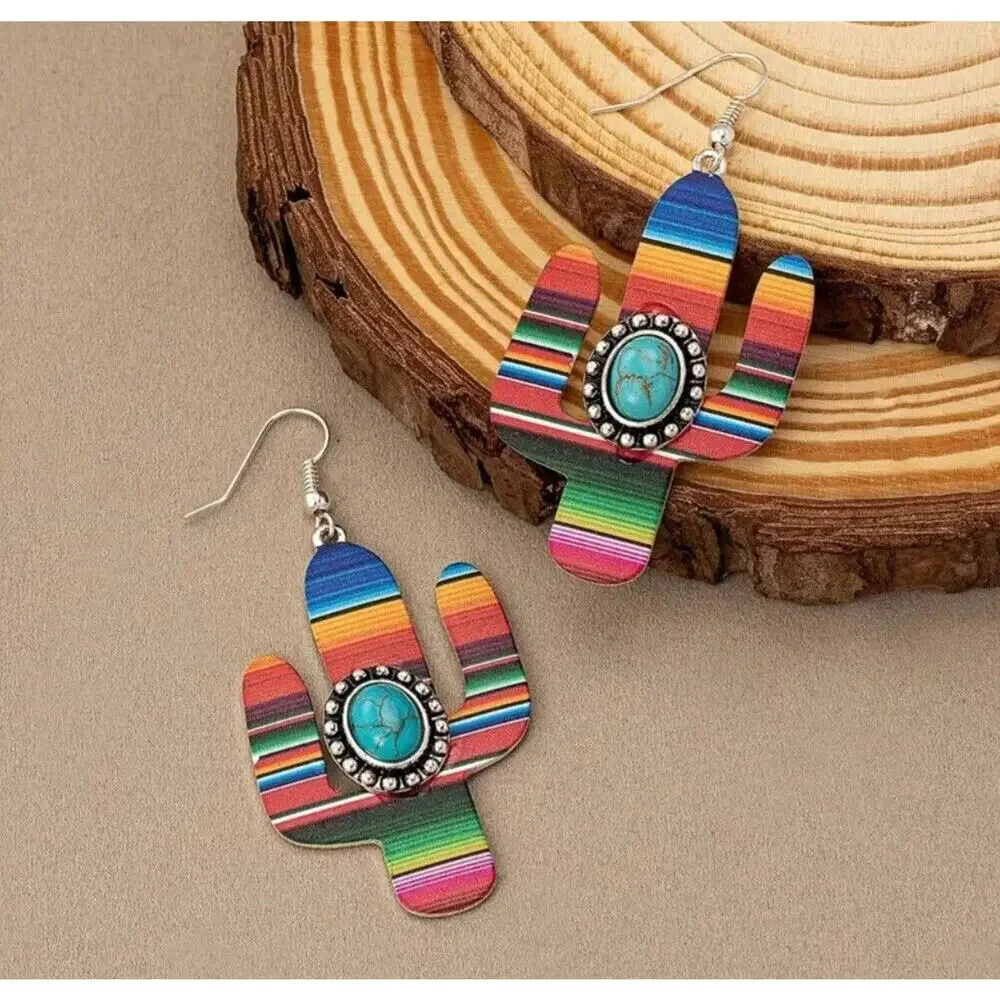 Earrings Serape Cactus‎ Turquoise Stone Fishhook Western Boho Fashion Jewelry